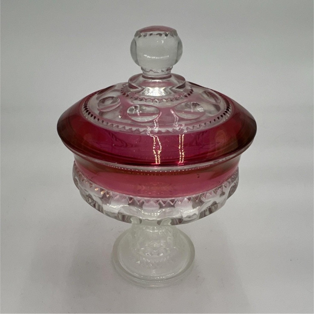 Indiana Tiffin King's Crown Thumbprint Ruby Red Candy Dish With Lid